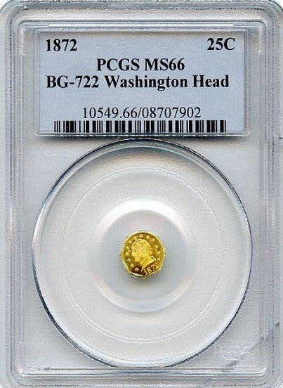 1872 California Fractional GOLD BG-722 Washington Head PCGS MS66   Frontier S.F.